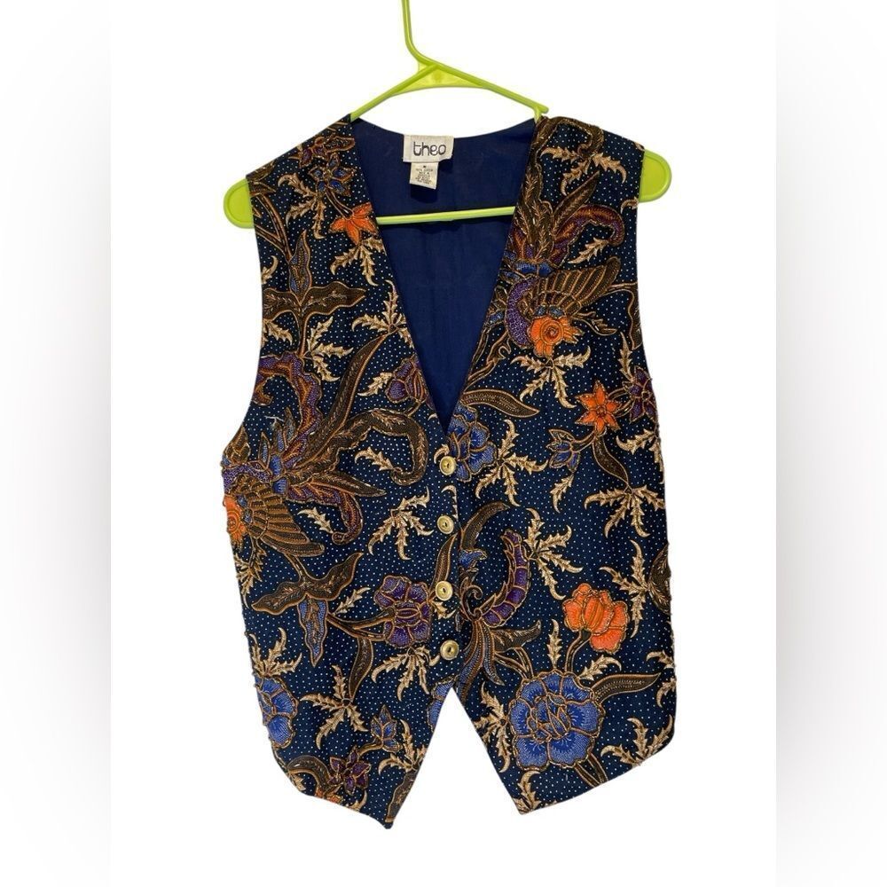 Theo vintage Elegant Blue and Gold Patterned Fabric Beaded Vest size M